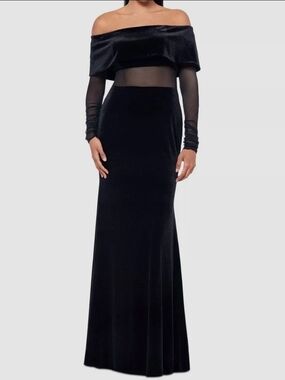 Betsy & Adam Black Off-the-Shoulder Velvet Maxi Gown with Sheer Waist